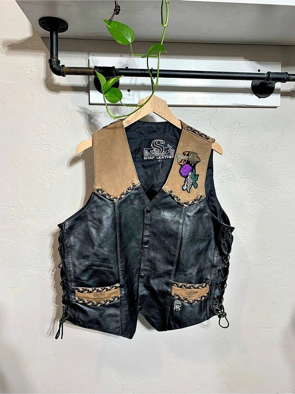 SHAF Leather and Suede Vest with Pattern (Size L) – Biker, Boho, and Western